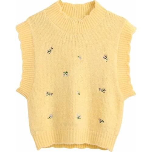 ZA Women 2020 Sweet Fashion Floral Embroidery Knitted Vest Sweater Vintage High Neck Sleeveless Female Waistcoat Chic Tops