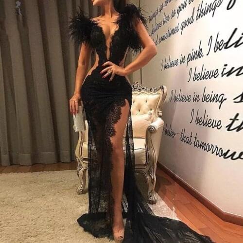 Sexy Side High Split Prom Dresses 2021 Deep V-Neck Lace Feathers Pleat Formal Evening Party Gown For Women Tulle Sweep Train