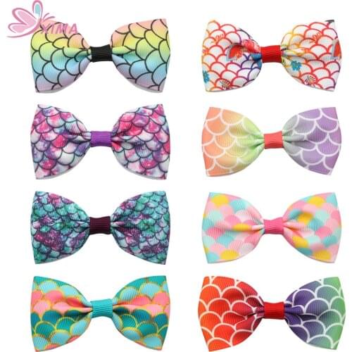 XIMA 8pcs/lot 2.5inch Mermaid Party Bows Rainbow Hair Bows Girls Hairpins Hair Accessories Print Bows Clips for Teens Kids