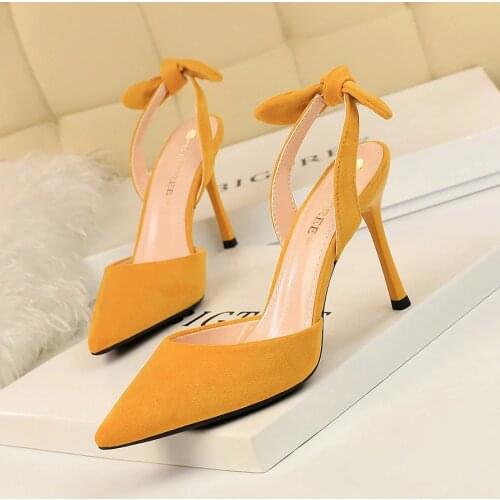 Korean fashion slim heel, super high heel, suede, shallow, pointed, hollowed-out, small bow-tied sandals