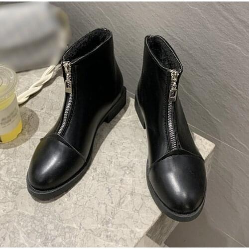 Fashion Zipper Boots For Women Autumn Low Heels Ladies Shoes Pointed Toe PU Ankle Boots Winter Plush Warm Female Footwear 2021