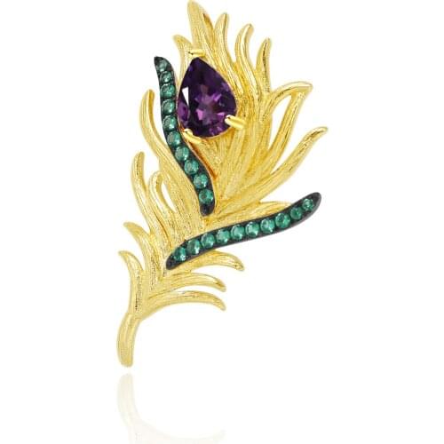 Natural amethyst Peacock Feather Brooch 925 silver inlaid gemstone Upscale Thailand style jewelry