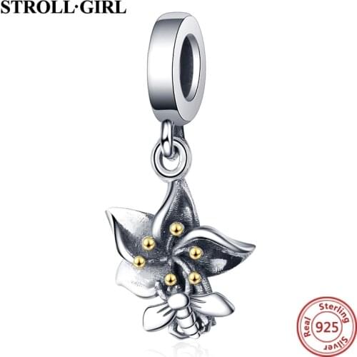 Fine Authentic 925 Sterling Silver Lovely Bee and Flowers Charms Beads Fit European Bracelet Women Fashion Diy Jewelry