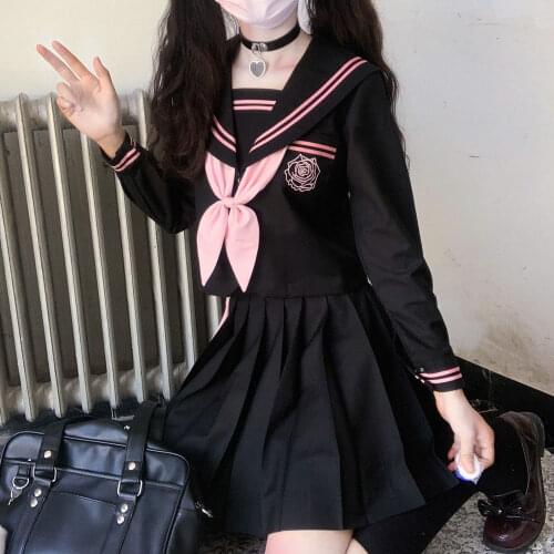 [devils Tenderness] Diablo Jk Sailor Uniform Sets School Uniforms For Girls Embroidered Student Suit Long Sleeve Black Pink XL