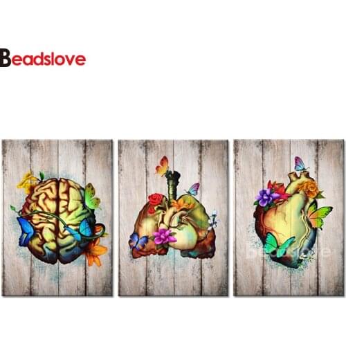 Diy Diamond Painting Flowery Heart Brain Lungs Human Anatomy mosaic full square/round diamond embroidery 3pcs Medical Clinic Art