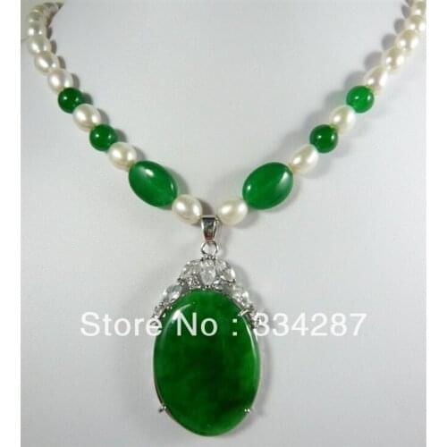 Design White 7-8 Genuine Pearl oval Big Green Jades pendant women Jewelry Necklace 18inches