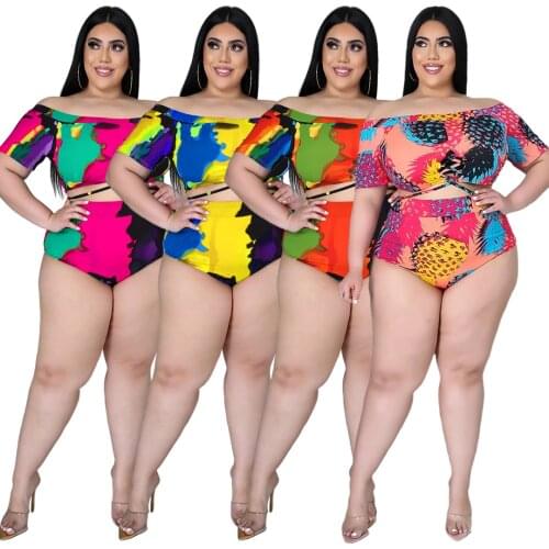 Women Plus Size XL-5XL Bikini Suits 2021 Summer Sexy Slash Neck Lace-up Hollow Out Crop Tops + Underwear Tie-dye Print Swimwear
