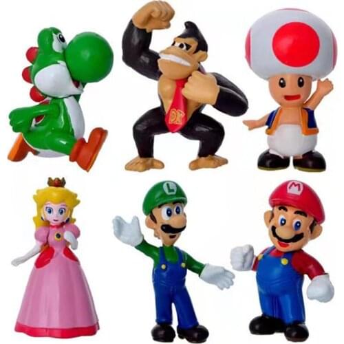 6Pcs/Set Super Mario Bros Action Figures PVC Luigi Mario Bros Yoshi Mushroom Dolls Collect Model Toy Kids Christmas Gift