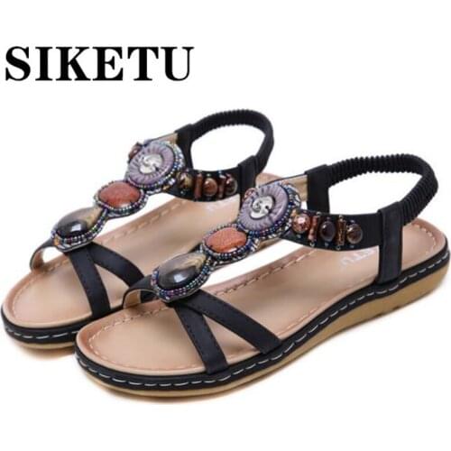 Summer woman sandals PU Slip On Flat Toe String Bead Comfy Soft Ladies Sandals women shoes sandalias mujer 2020 size 36-44 black