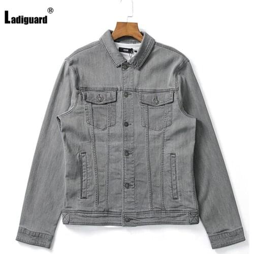 Ladiguard Mens Vinatge Demin Jackets Turn-down Collar retro Jacket Gray Single Breasted Coat Autumn Fashion Men Clothing 2021