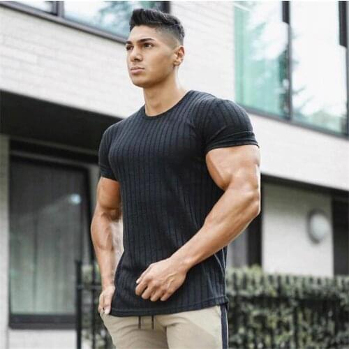 New Summer Mens Knitted Sport Training T-shirt Short Sleeve Male Casual Man Gym Running Fitness Slim Fit Tees Tops Clothing