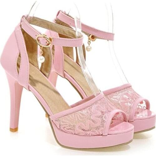 New Arrival Buckle Strap Thin High Heels Peep Toe Mesh Platform Pink Party Wedding Banquet Sandals Womens Shoes