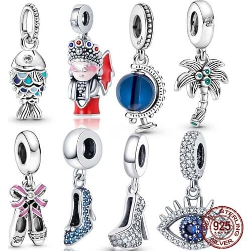 100% Real 925 Sterling Silver Blue Elegant White Zircon High Heels Charm Fit Original 3mm Bracelet&Bangle Making Fashion DIY J