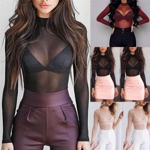 See Through T Shirt Women Mesh Top Sheer Slim Solid Long Sleeve Shirt Women Turtle Neck Shirt S M L XL Summer Casual
