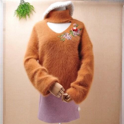 Elegant fashion ladies women hairy mink cashmere knitted turtleneck long sleeves embroidery loose pullover angora fur jumper top