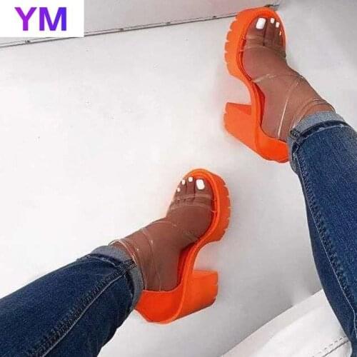 PVC 2021 New Patent Leather Fluorescent Orange Buckle Strap Womens Sandals Shoes Sexy Party Square High Heels Sandals 35-43