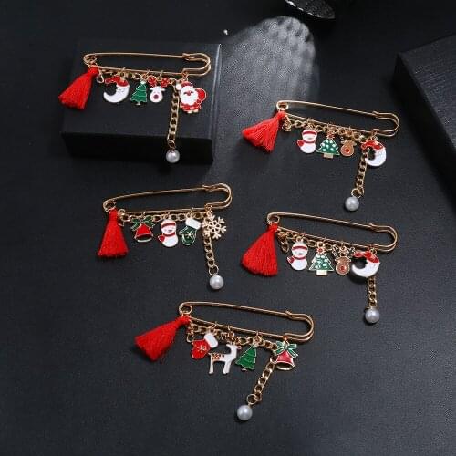 Christmas Santa Claus Pin Brooches Tassel Pearl Bells Pendant Badges Pins Family Friends Party Women Kids Charm Gifts Jewelry