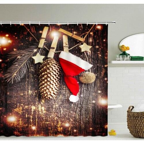 Christmas Shower Curtain Printed Happy New Year Santa Claus Red Waterproof Curtains for Shower Bathroom Christmas Wall Decor