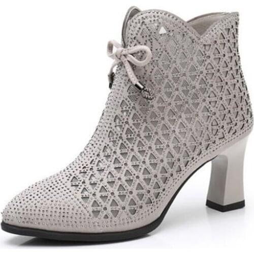 Most Popular Summer New Microfiber Rhinestone Bow Hollow Sandals Ankle Boots Sandals Fashion Elegant Women High Heel Sandals
