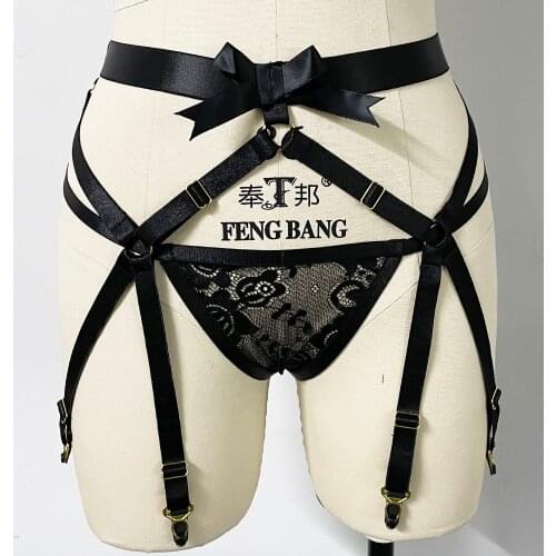 Sexy Lingerie Black Bow Harness Garter Belt Elastic Lace Pantie G-String Hollow Body Cage Goth Rave Bondage Body Harness Garters