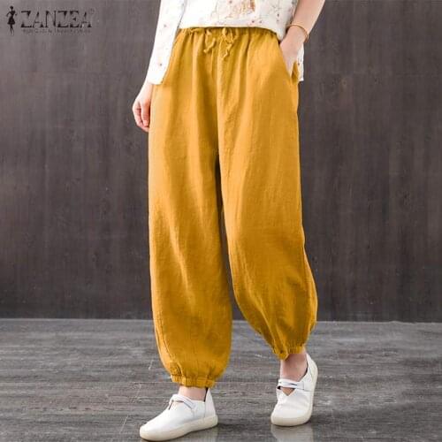 ZANZEA Vintage Cotton Linen Pants Women 2021 Summer Wide Leg Bottoms Casual Lady Solid Drawstring Loose Capris Palazzo Pantalon