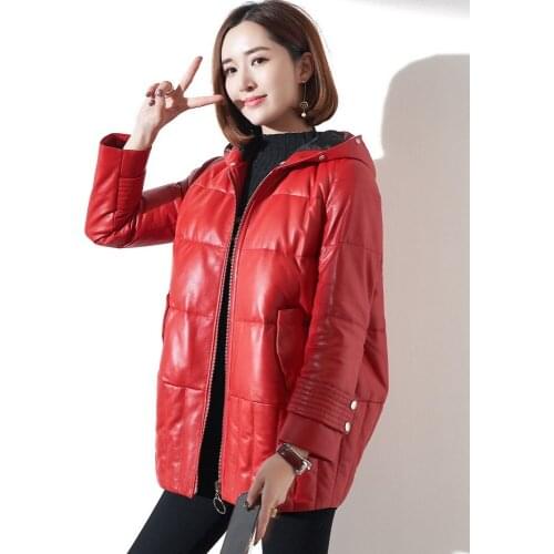 Real Fox Fur Collar Hooded Real Leather Jacket Women 90% White Duck Down Female Winter Coat Womens Sheepskin Coats Ropa Zjt747