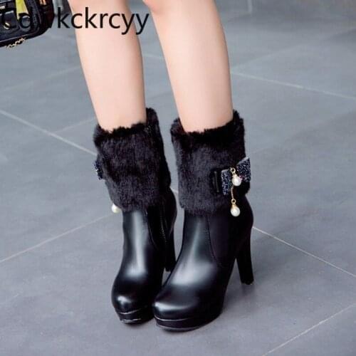 Winter The New fashion Side zipper Fang He Women boots Pink sweet Sequin Bow Plus velvet Keep warm High heel Women boots 34-43