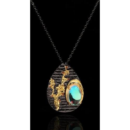 Exquisite Fashion 925 Silver Ladies Necklace Black Gold Two-tone Moonstone Pendant Jewelry Elegant Sweater Chain Necklace