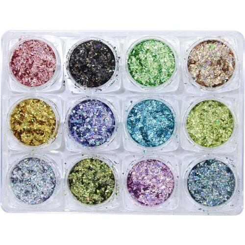 1 set/ 12 boxes Ultra-thin Galaxy Holographic Holo Nail Flakes Shining Rinbow Laser Nail Art Glitter Sequins Holographic Powder
