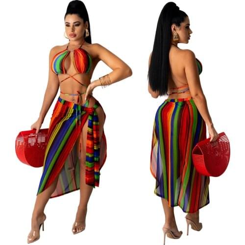3PCS/SET Colorful printed Bandage Bikini+ wrap skirts sexy women swimwear bathing suit cover-ups set Beachwear