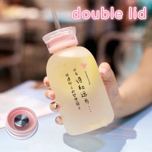 450ML New Kawaii Glass Water Bottle Straw and lid Cartoon Frosted Leakproof Drinkware Bottle Portable Camping Water Bottle
