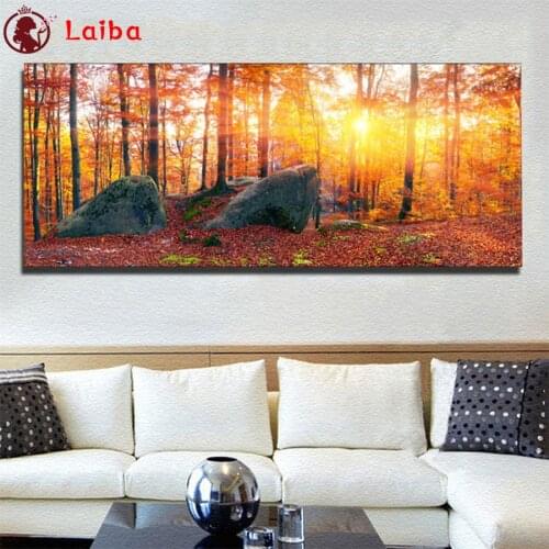 Diy Diamond Painting Natural landscape, sunset forest trees and fallen leaves diamond mosaic full drill diamond embroidery