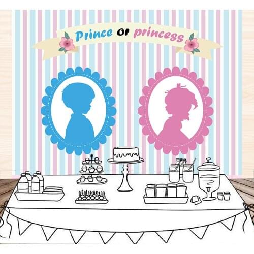 BEIPOTO Gender Reveal Party Photo Background Baby Shower Prince or Princess Pink Blue stripe Backdrops Banner for Photography 01