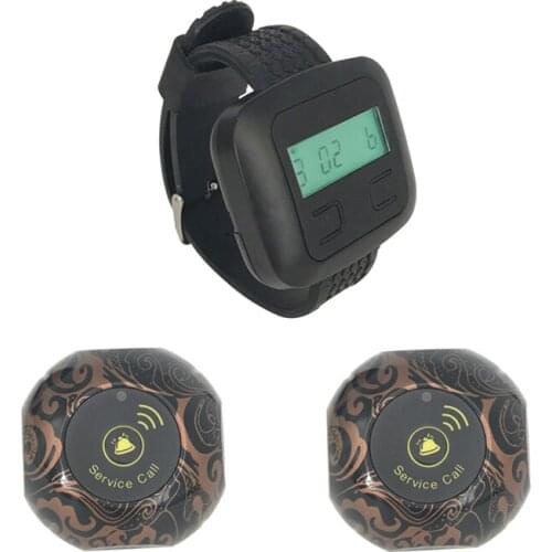 Wireless Waiter Table Bell 1 Watch Receiver Pager+ 2 Call Button Transmitter Frequency 433MHz For Restaurant Clinic Cafe Shop