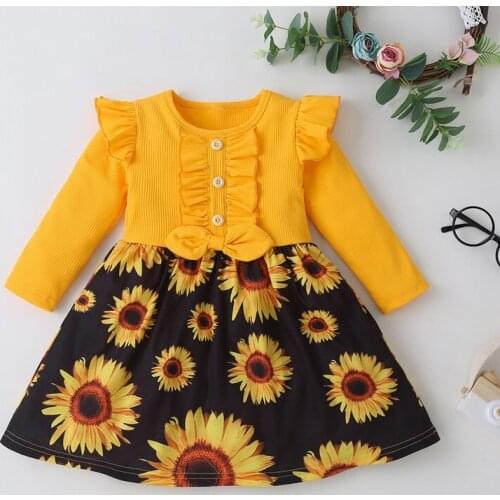 Baby Christmas Dress Girl Cotton Button Flying Long Sleeve Bow Sunflower Print Princess Dresses Autumn Baby Girls Clothes 2-6Y
