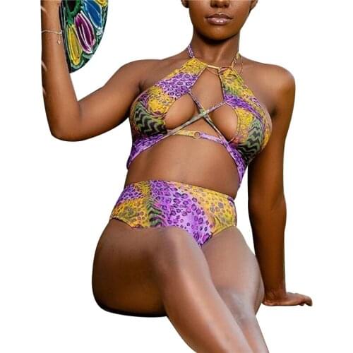 Women Two Piece Swimsuit Sets Halter Crop Tank Tops High Waist Thong Leopard Printed Tankini Swimwear Maillot De Bain Femme