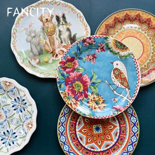 FANCITYThombison Nordic Country Style Underglaze Ceramic Tableware Western Dinner Plate Household Dinner Plate Breakfast Dim