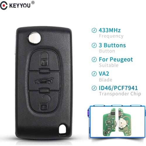 KEYYOU ASK 433mhz Remtekey Flip Remote Key 3 Button Car Key For Citroen Peugeot Key CE0523 Buttons PCF7941 Chip Uncut VA2 Blade