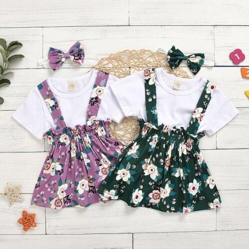 Clothing Sets Baby Girl Dress Summer Girls Cotton White Short Sleeve T-Shirt Tops+Print Suspender Skirt+Headband 3-Piece Suits
