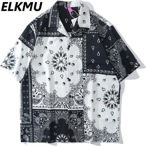 ELKMU Summer Shirt Bandana Paisley Pattern Color Block Patchwork Shirt Hip Hop Streetwear Loose Shirts Vintage Blouse Male HE667
