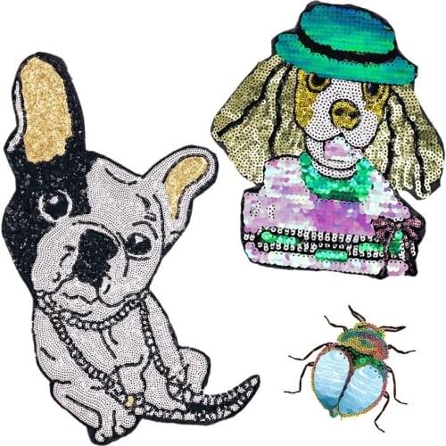 Pet Dog Patch Big Sew on Embroidery Sequin Applique Sewing Insect Patches for Clothing Bead Brooch Fabric Stickers Decorations