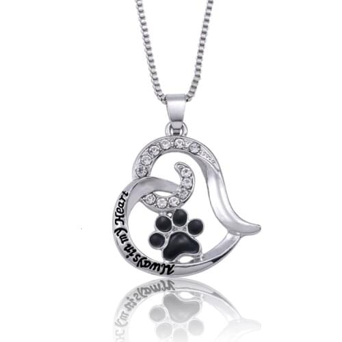 Charm Hollow Heart Shape Necklace For Women Girls Pet Lovers Rhinestone Cat Dog Paw Footprint Pendant Necklaces Jewelry Gifts