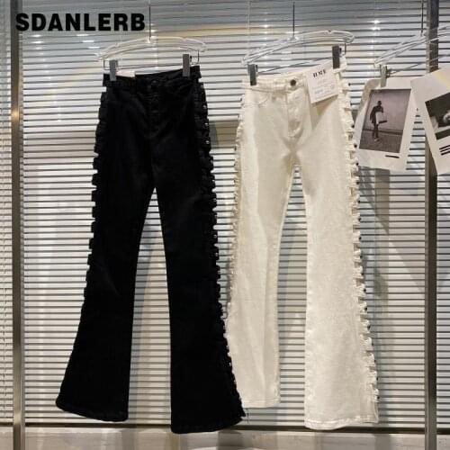 2021 Autumn Solid Color Denim Long Flare Pants New Punk Street Side Rivet Hollow-out Stretch Slim Horn Jeans Trousers