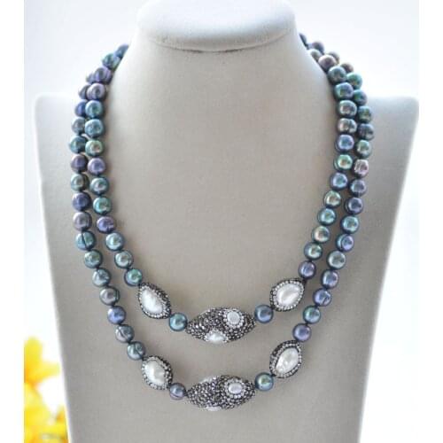P7261 33" 10mm Peacock-Black Round Pearl CZ Shuttle Necklace