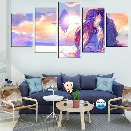 Anime sword art online romantic love poster canvas painting modular picture 5 panel childrens room wall art decoration