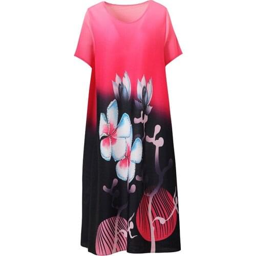 Pleated Retro Printed Mothers Age Reducing Dress Short Sleeve Summer Dress 2021 New Womens Plus Size Pleated Dress