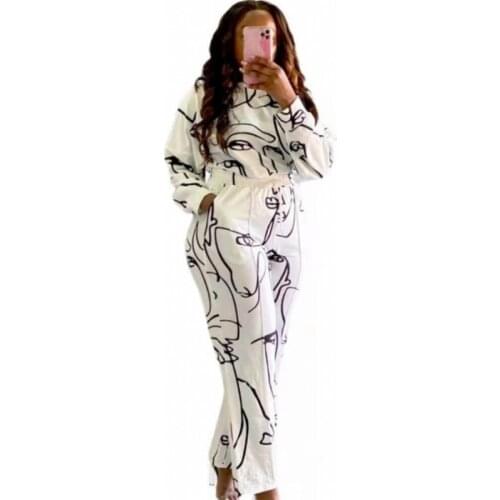 Casual Two Piece Set Women Pullover Tops And Wide Leg Pant Suits 2021 Autumn New Fashion Print Loose Lounge Tracksuit Women Sets