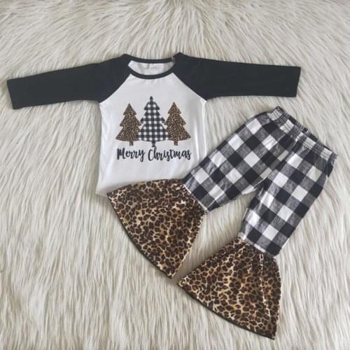 RTS baby girls kids clothes Christmas long sleeve fashion outfits clothing tree print children boutique 2pcs bell bottom pants