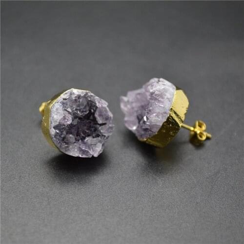Natural Drusy Purplw Stone Round Shape Earrings Gold Color Plating Fashion Woman Jewelry