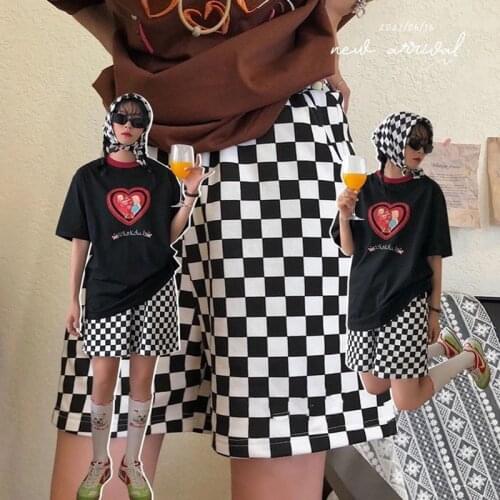 Harajuku Checkerboard Print Women Shorts Summer 2021 Casual Women Elastic High Waist Wide Leg Shorts Streetwear For Teens Girls